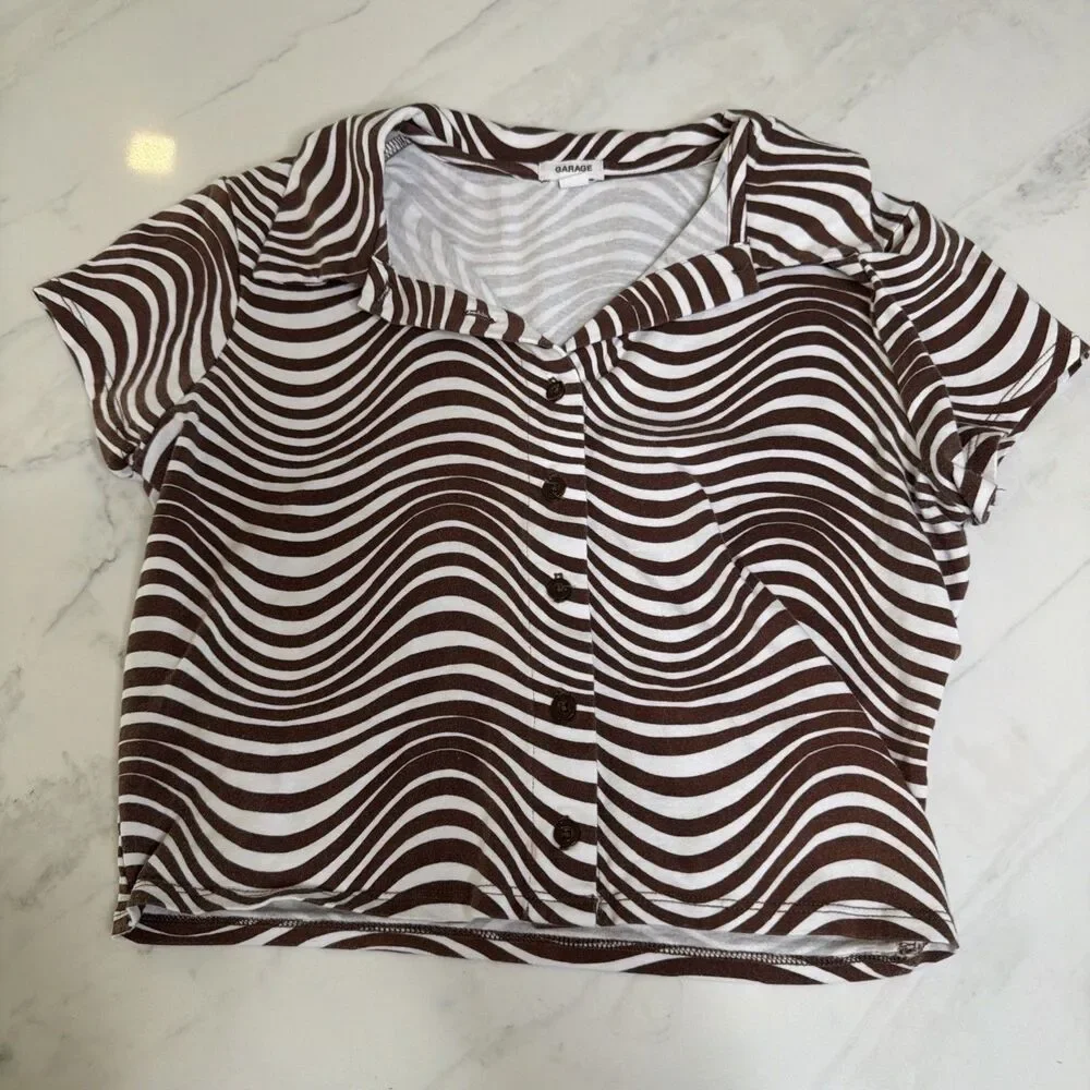 Garage Crop Top XS Wavy Collar Stripe Button-Down 70s-Retro Y2K  Festival Boho